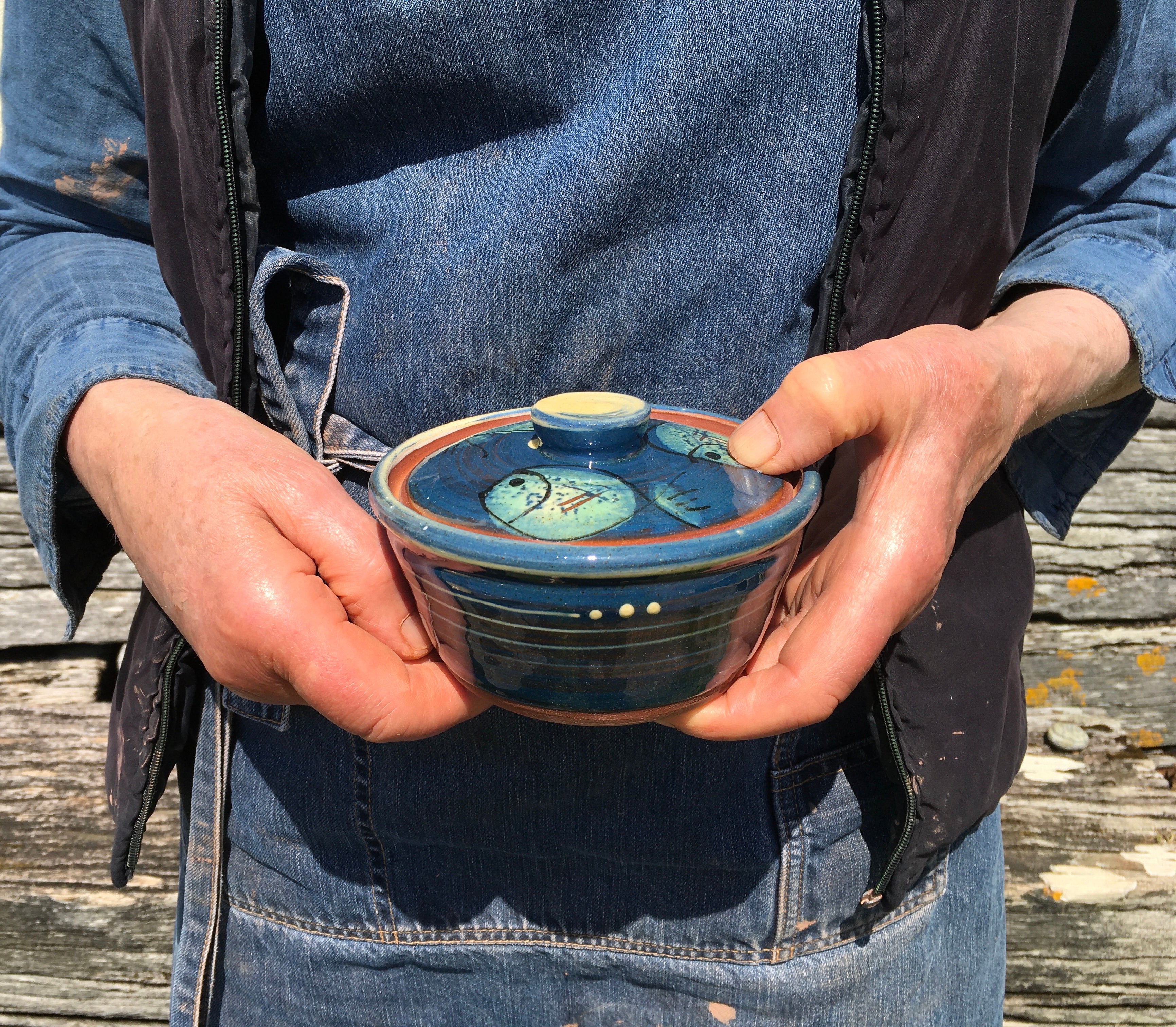 Dark Blue Fat Fish Lidded Sugar Pot