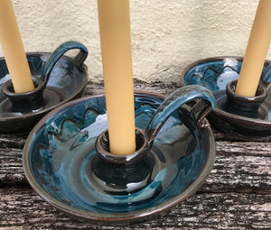Blue Glaze Candle Holder with Beeswax Candle