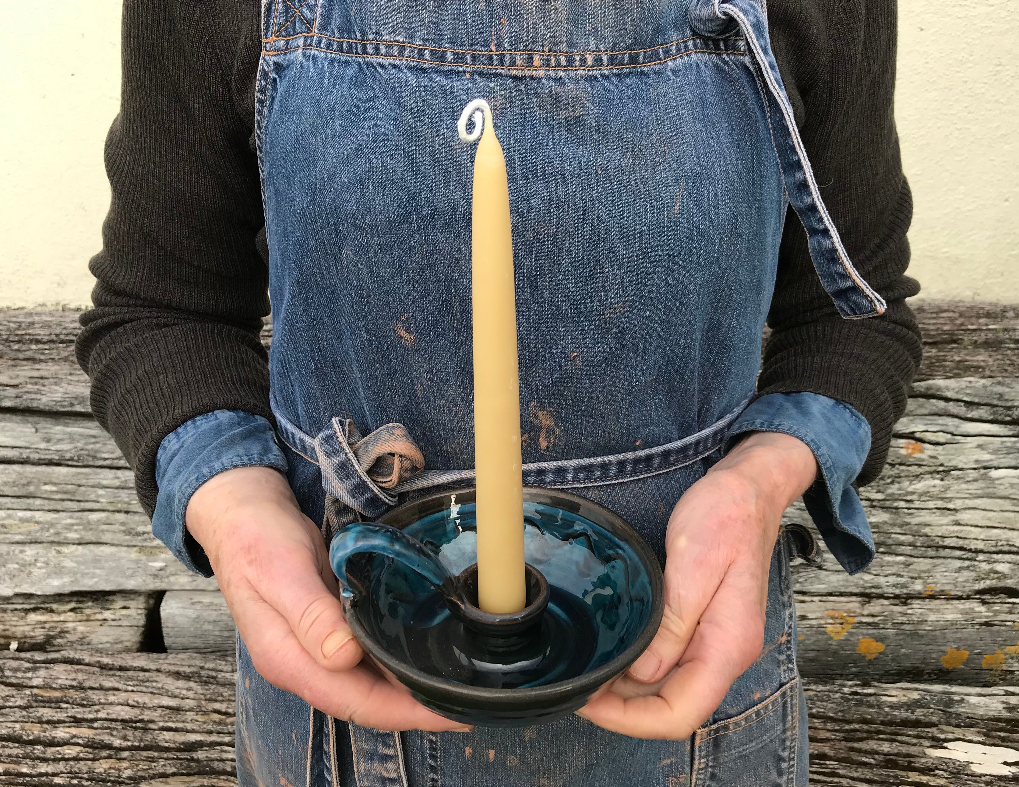 Blue Glaze Candle Holder with Beeswax Candle