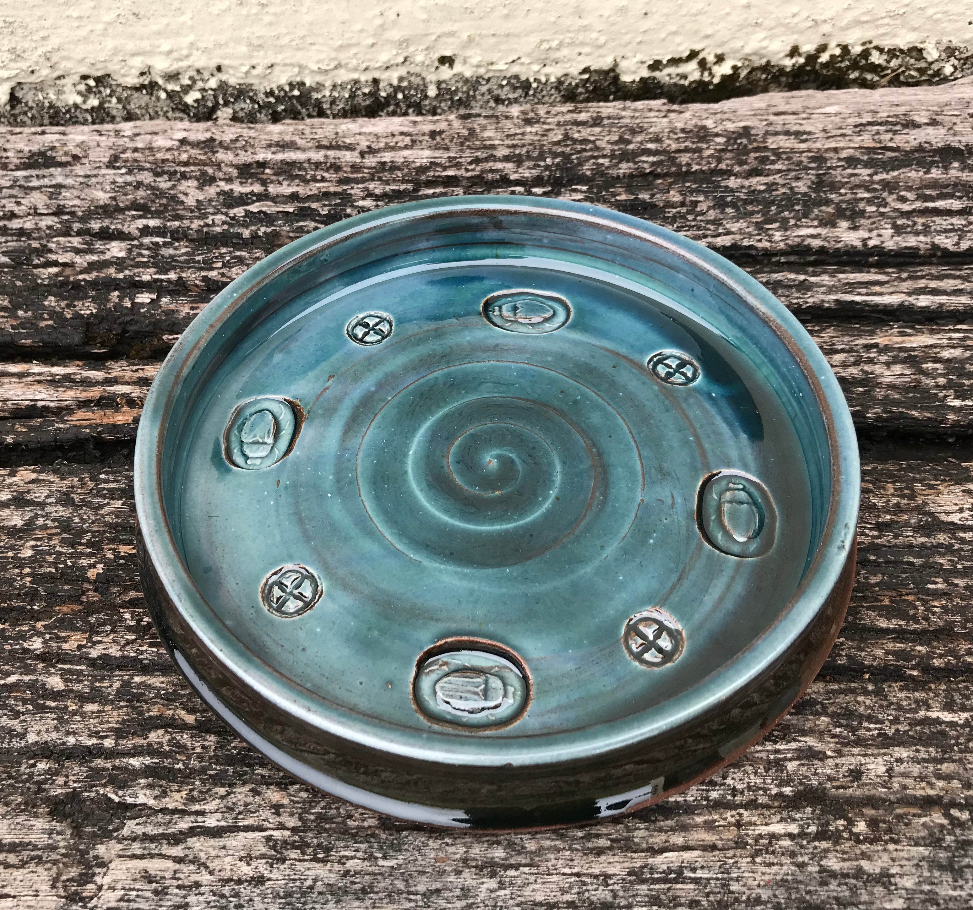 Blue Glaze Dish with Dung Beetle Stamp