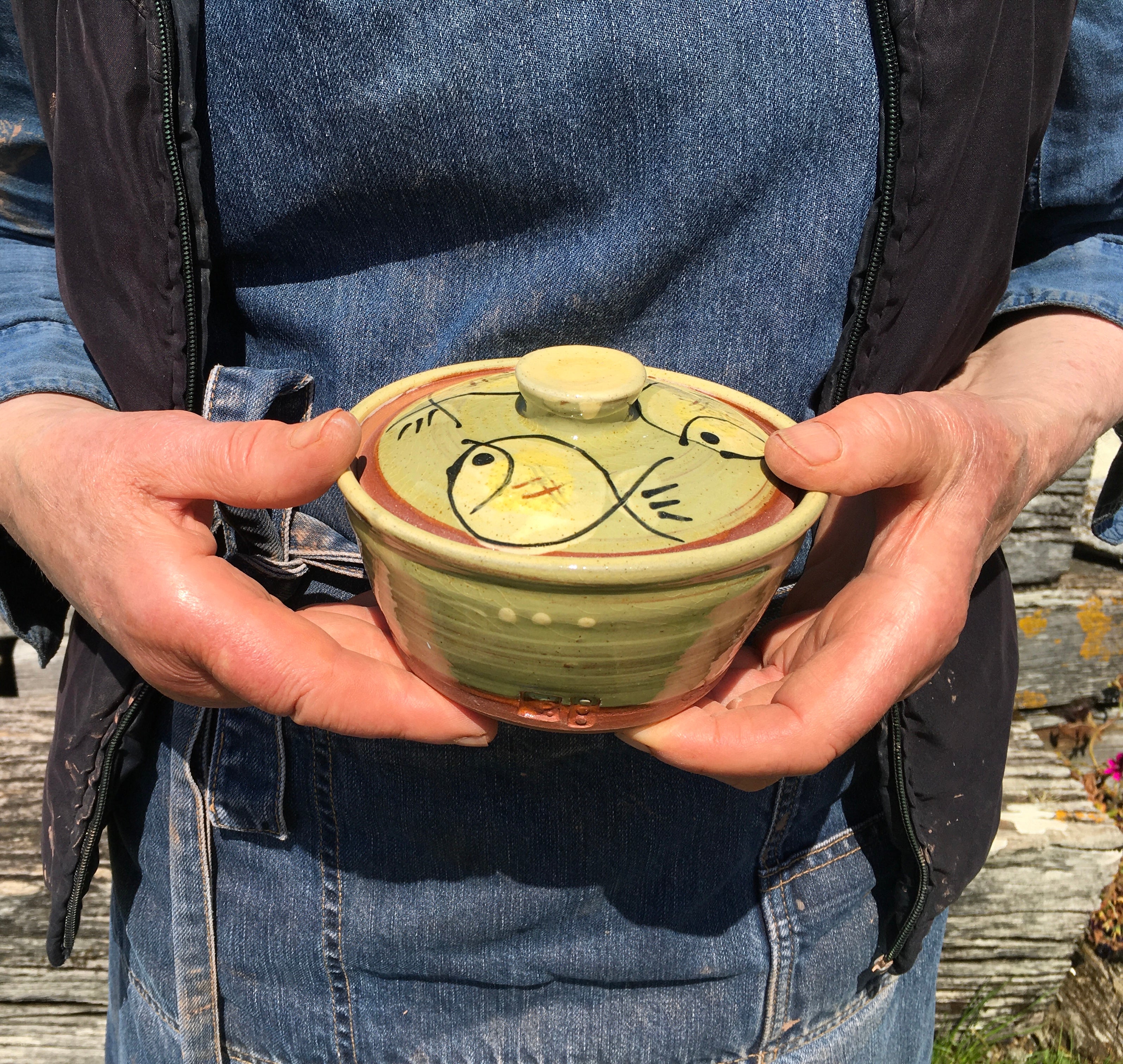 Pale Green Fat Fish Lidded Sugar Pot