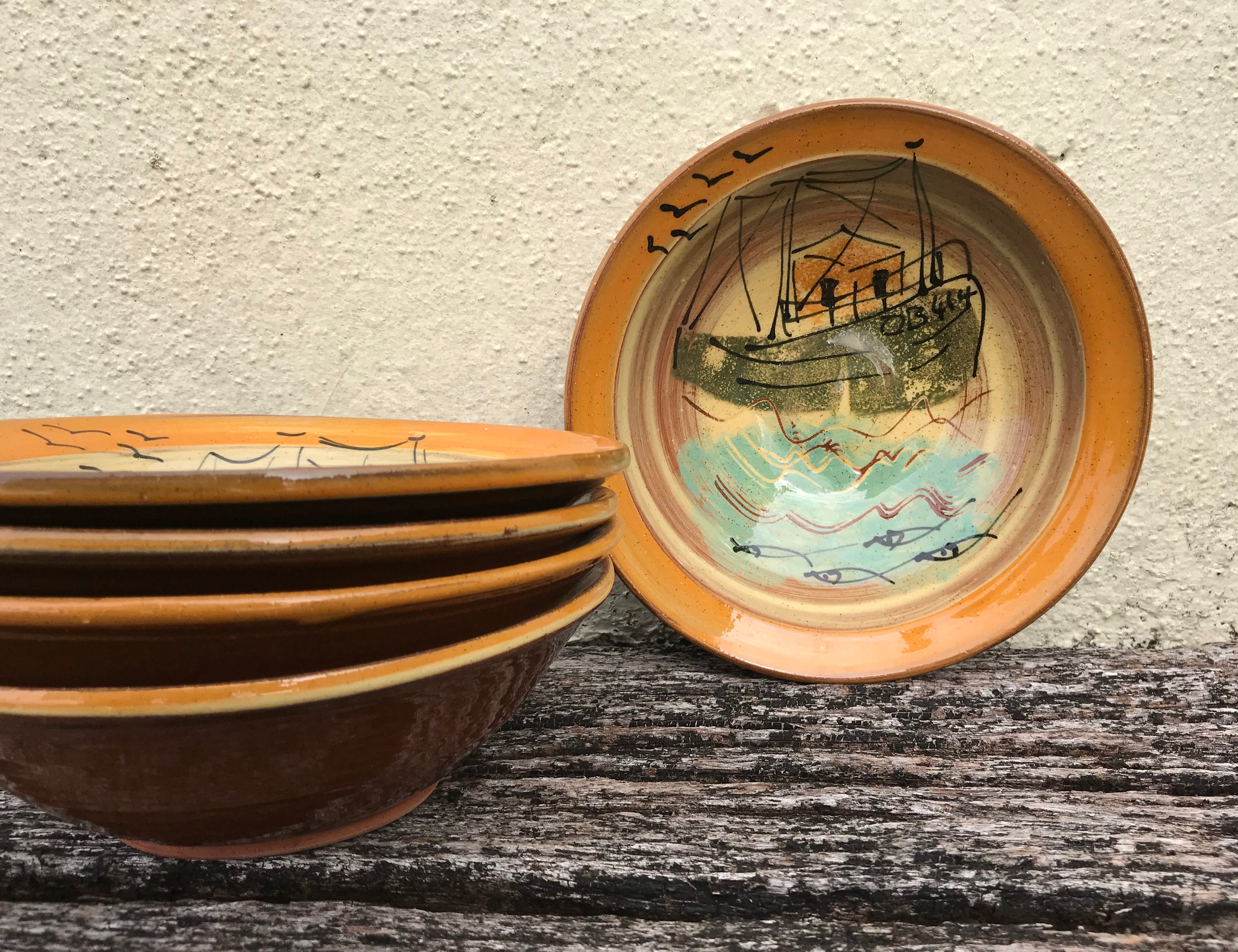 Cream and Orange Fishing Boat Bowl