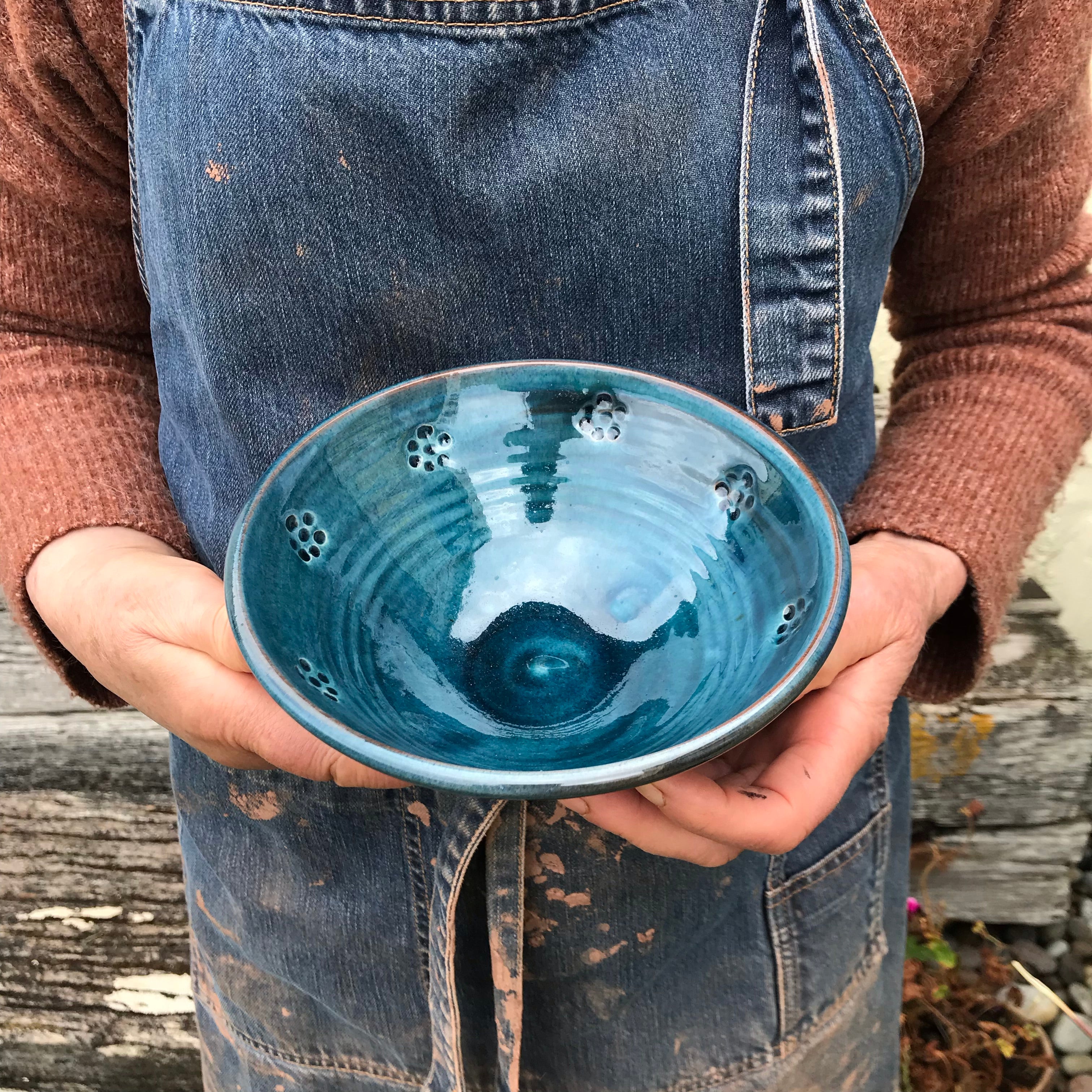 Blue Glaze Bowl with Blackberry Stamp