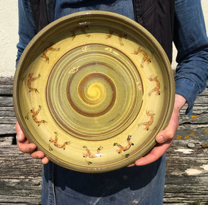 Large Pale Green and Cream Platter with Hares