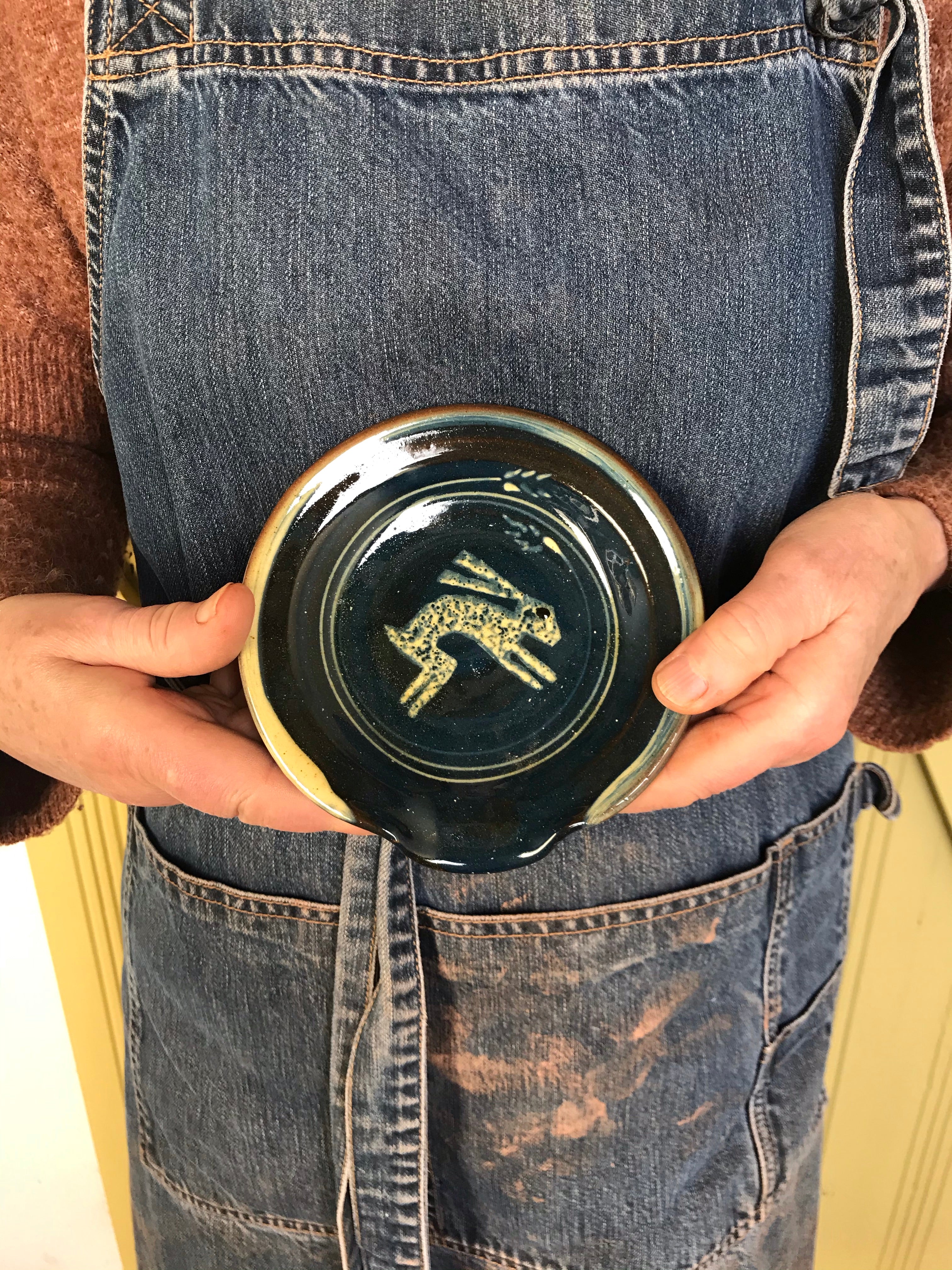 Dark Blue Spoon Rest with Hare