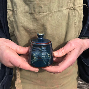 Dark Blue Lidded Pot with Hares