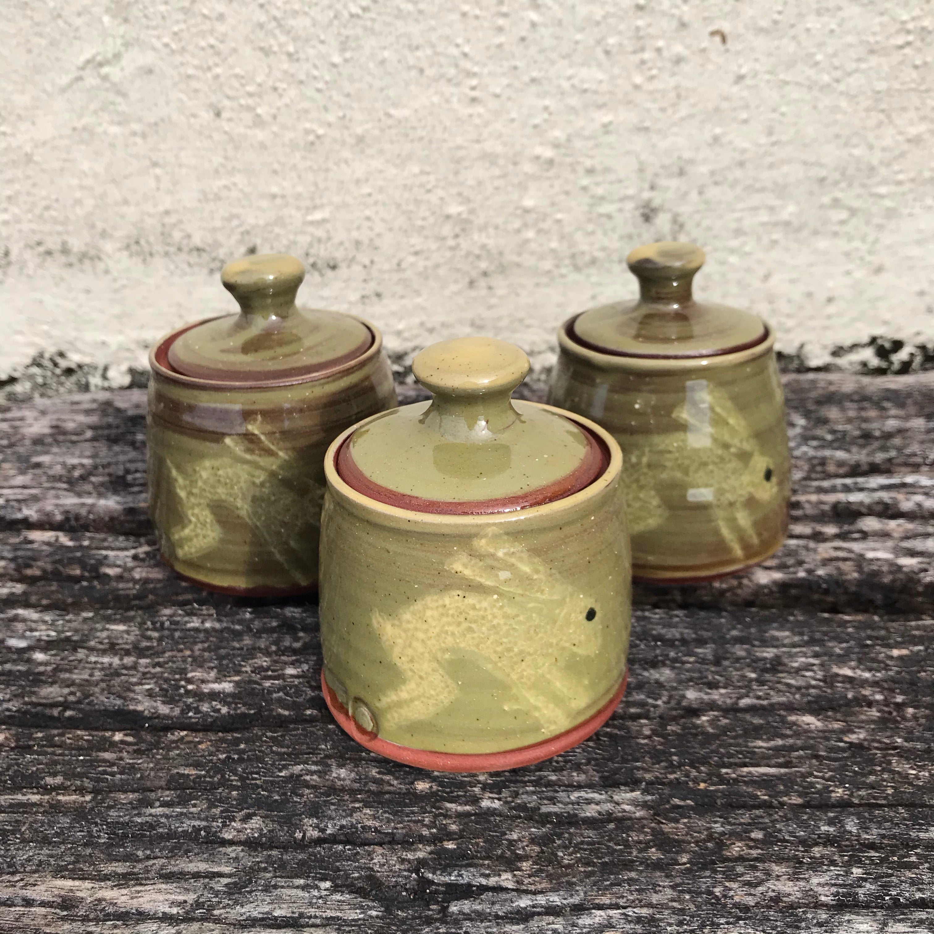 Pale Green lidded Pot with Hares