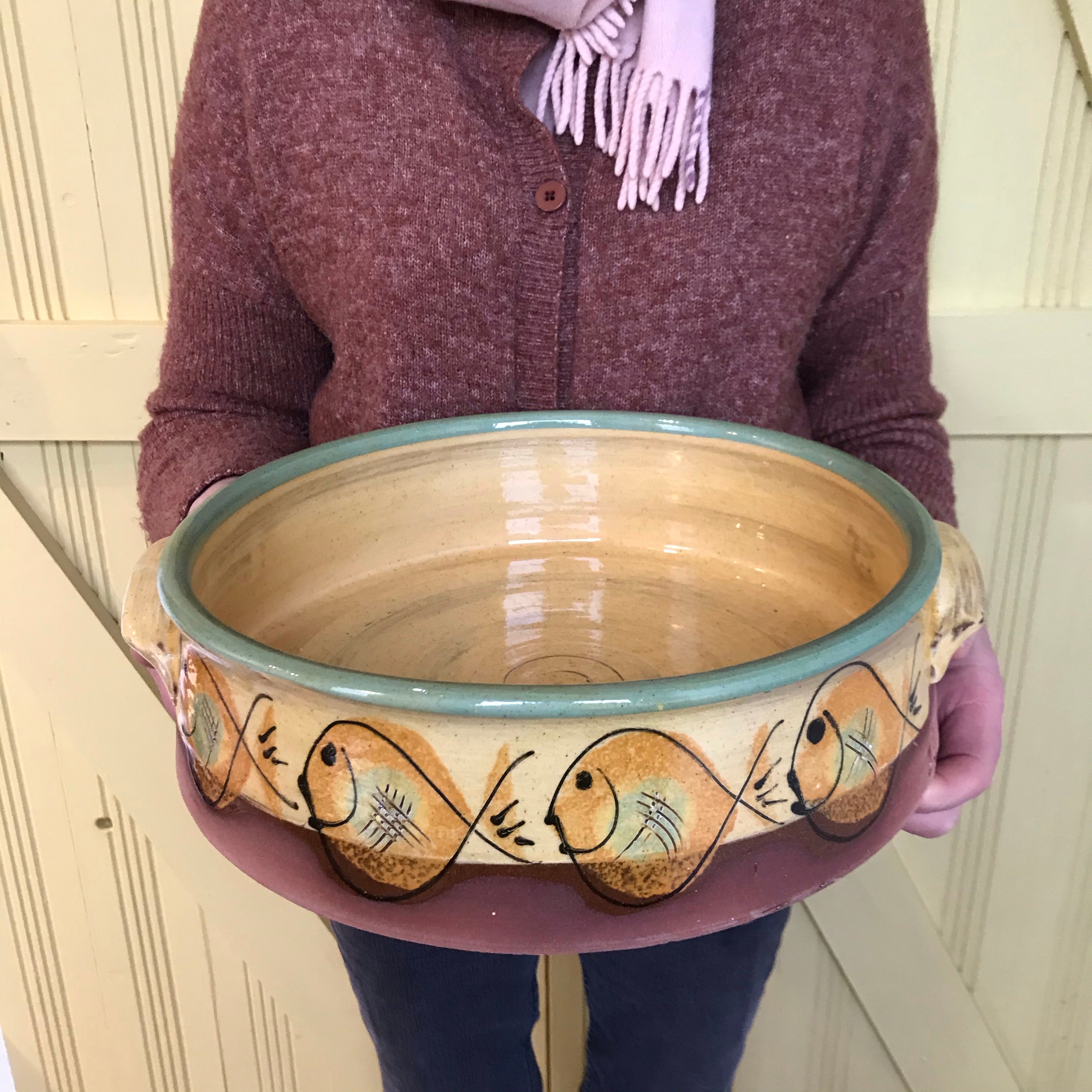 Large Cream and Turquoise Pie Dish with Handles