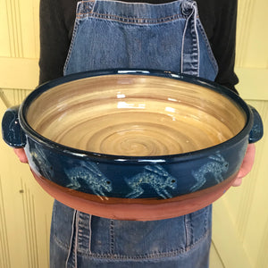 Large Dark Blue and Cream Pie Dish with Hares