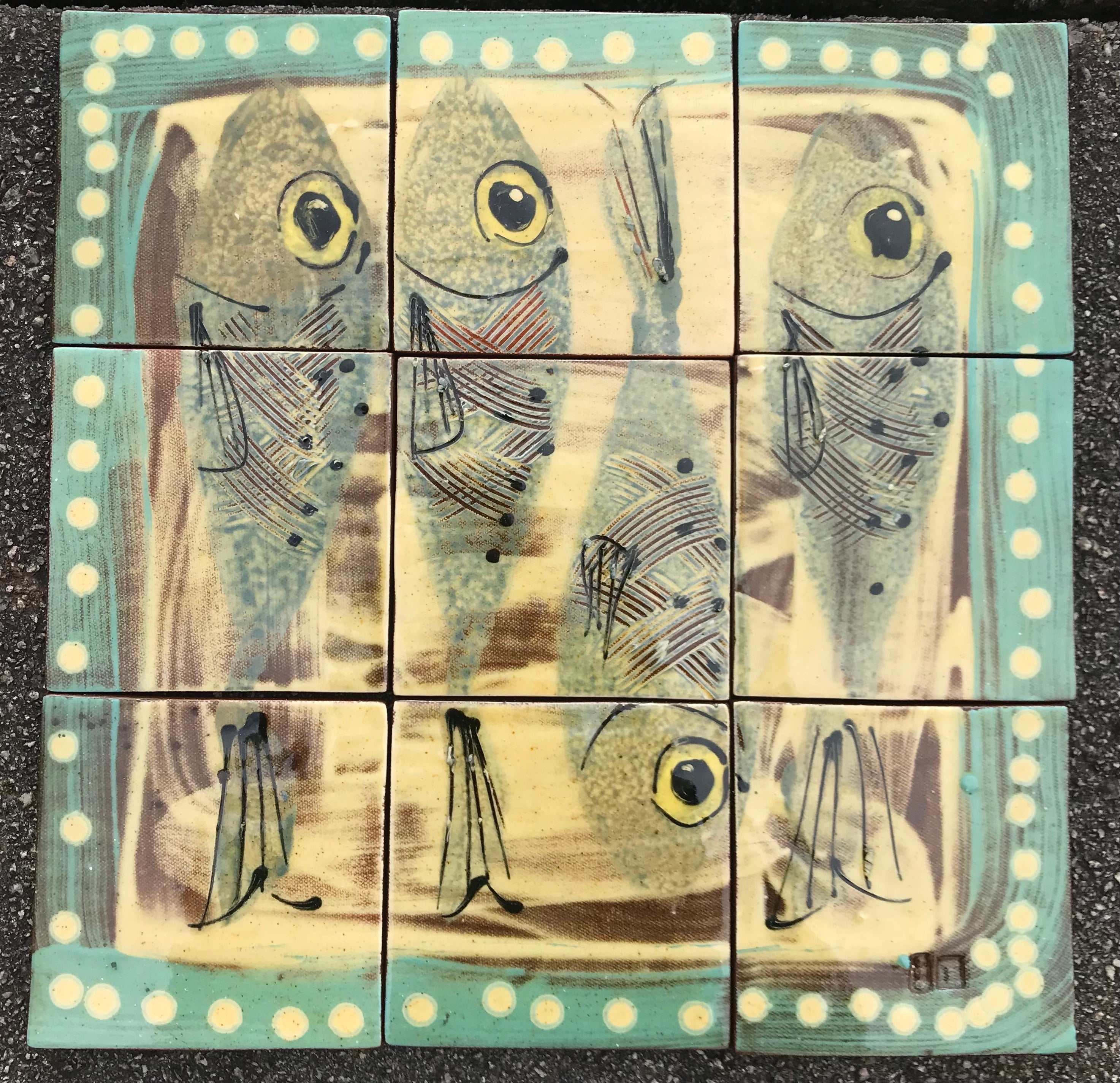 Turquoise and Cream Fish Tile Scene