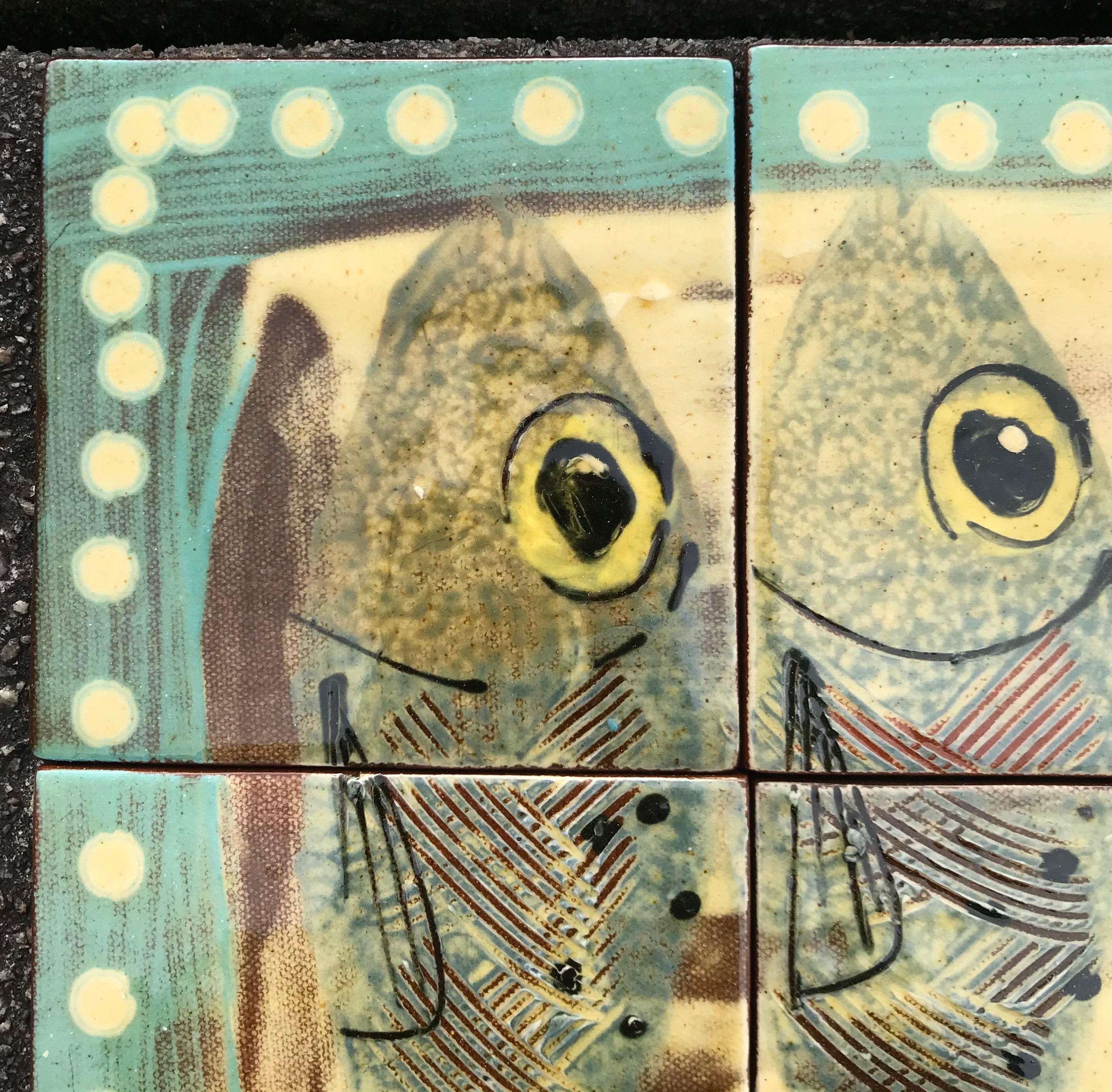 Turquoise and Cream Fish Tile Scene