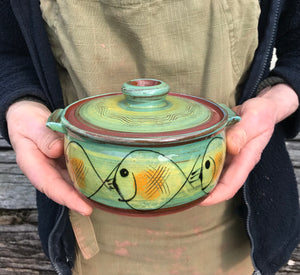 Turquoise Casserole Dish with Fat Fish